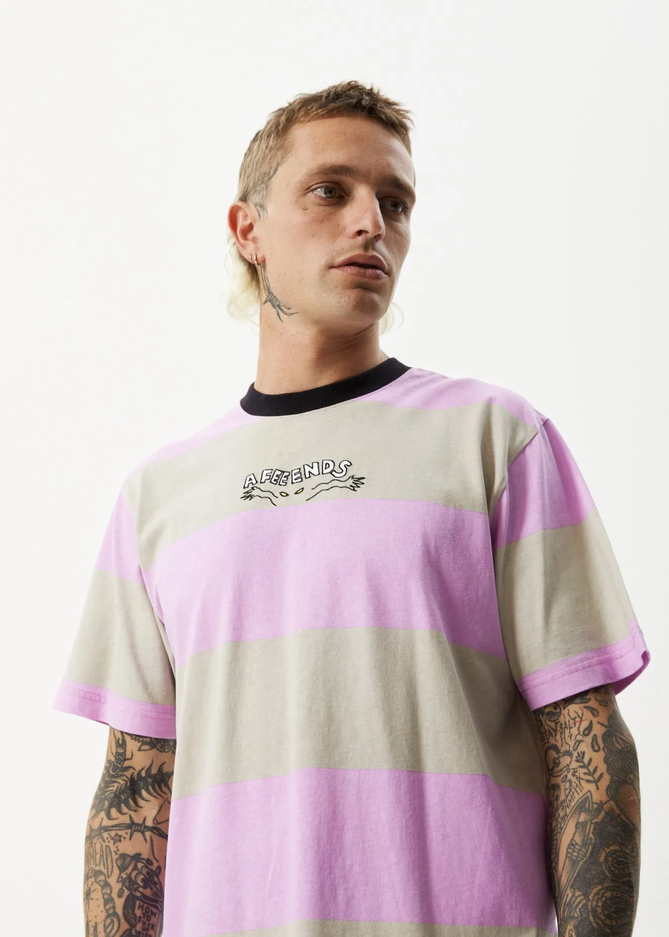 AFENDS Mens Space - Striped Retro Logo T-Shirt - Candy Stripe