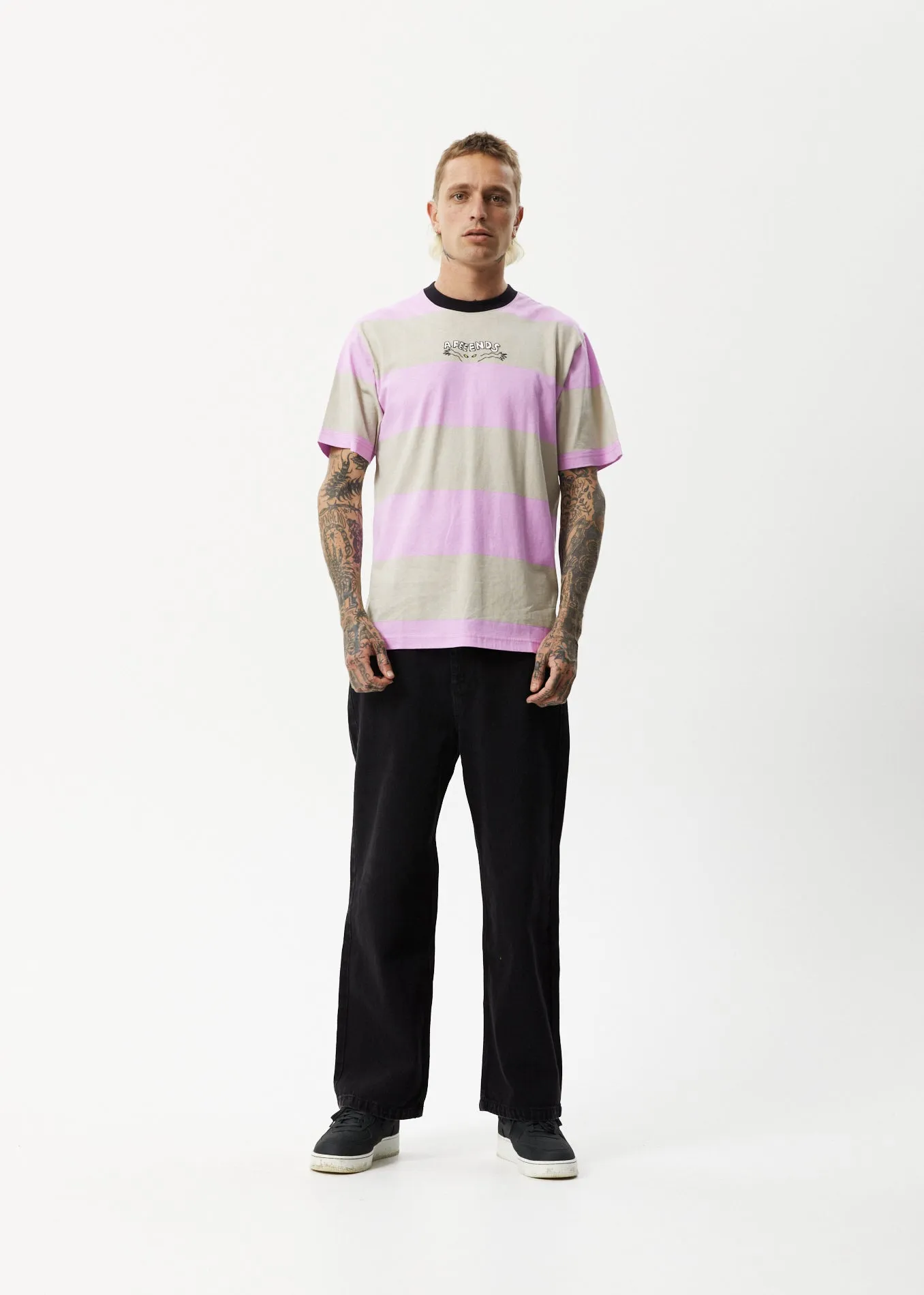 AFENDS Mens Space - Striped Retro Logo T-Shirt - Candy Stripe