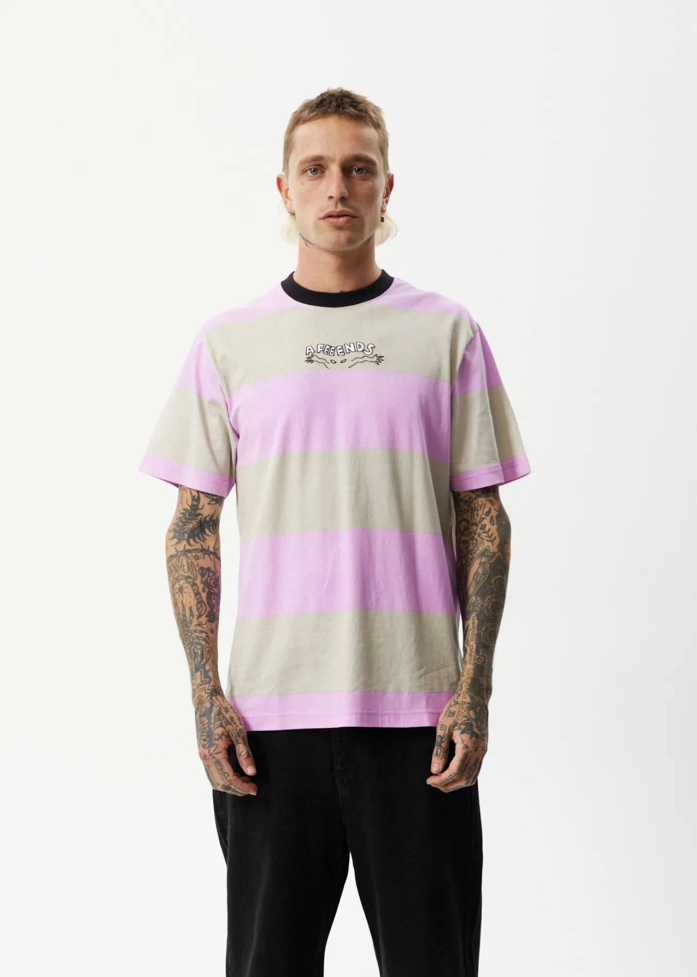 AFENDS Mens Space - Striped Retro Logo T-Shirt - Candy Stripe