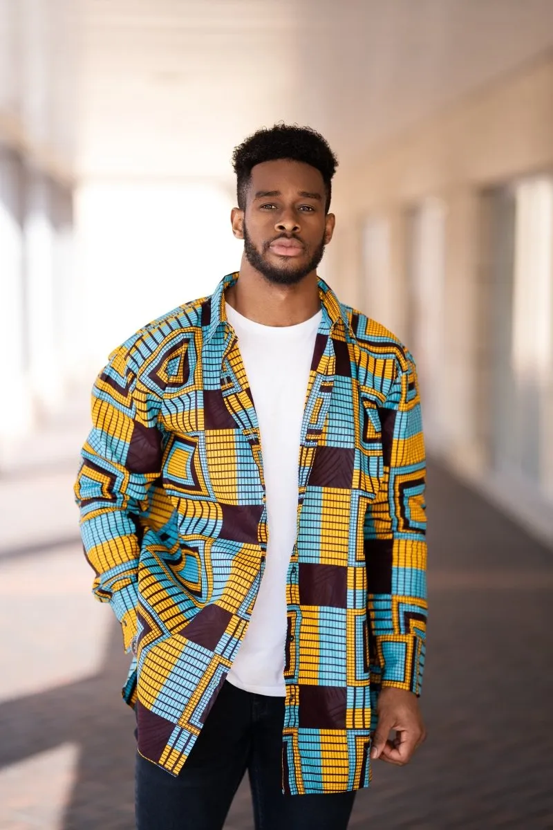 African Shirt In Electric Blue Kente