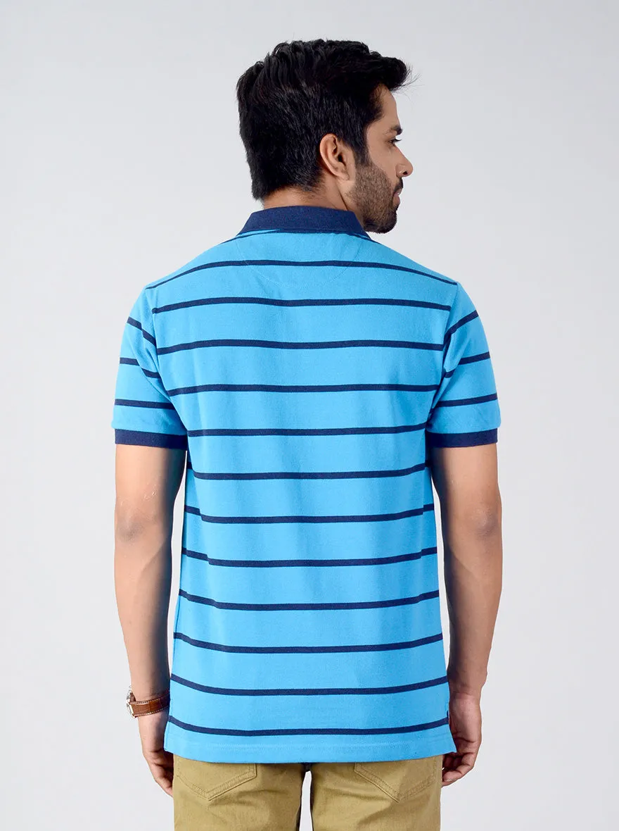 Aqua Blue Striped Slim Fit Polo T-shirt | Greenfibre