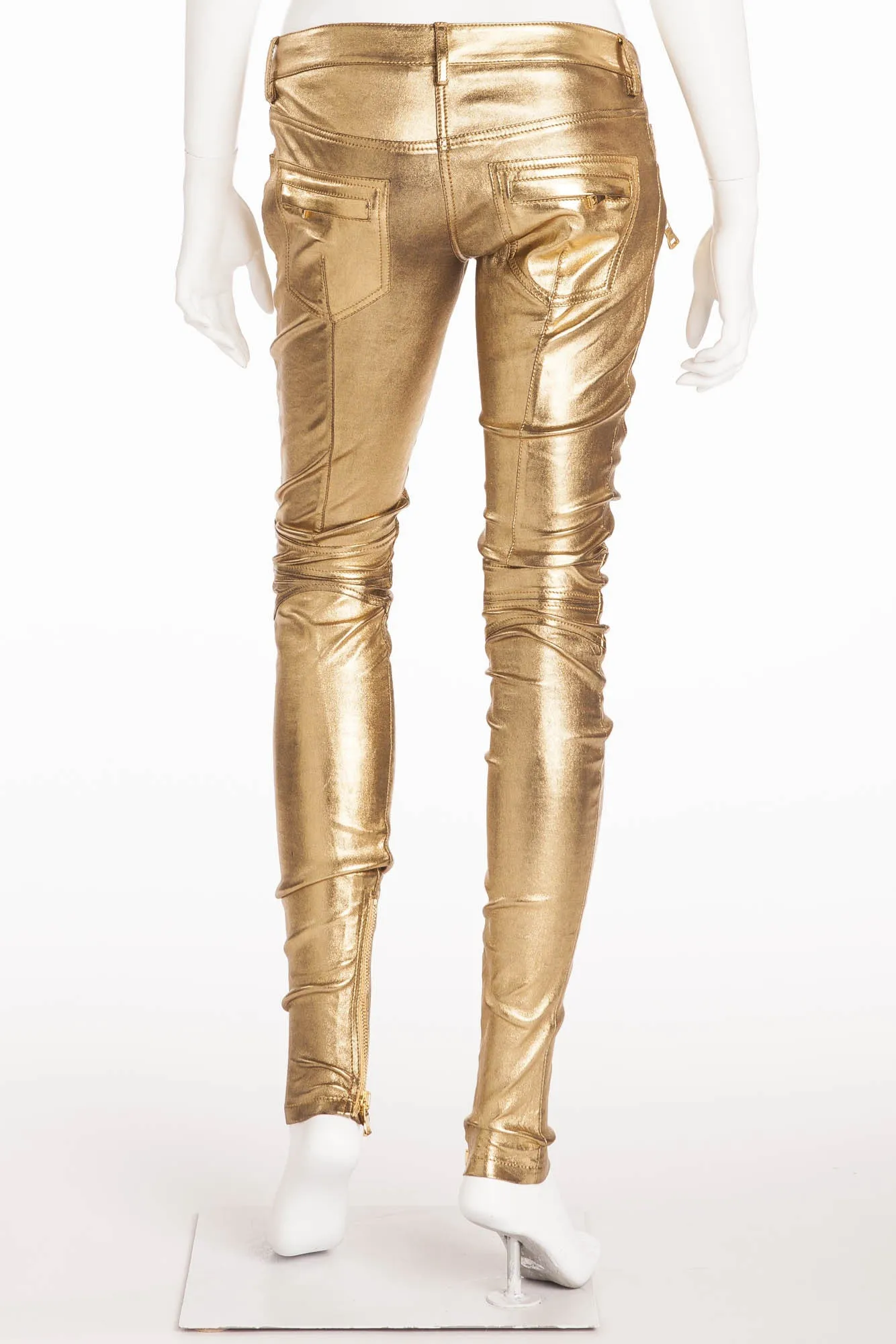 Balmain - New with Tags Gold Leather Skinny Jeans - FR 38