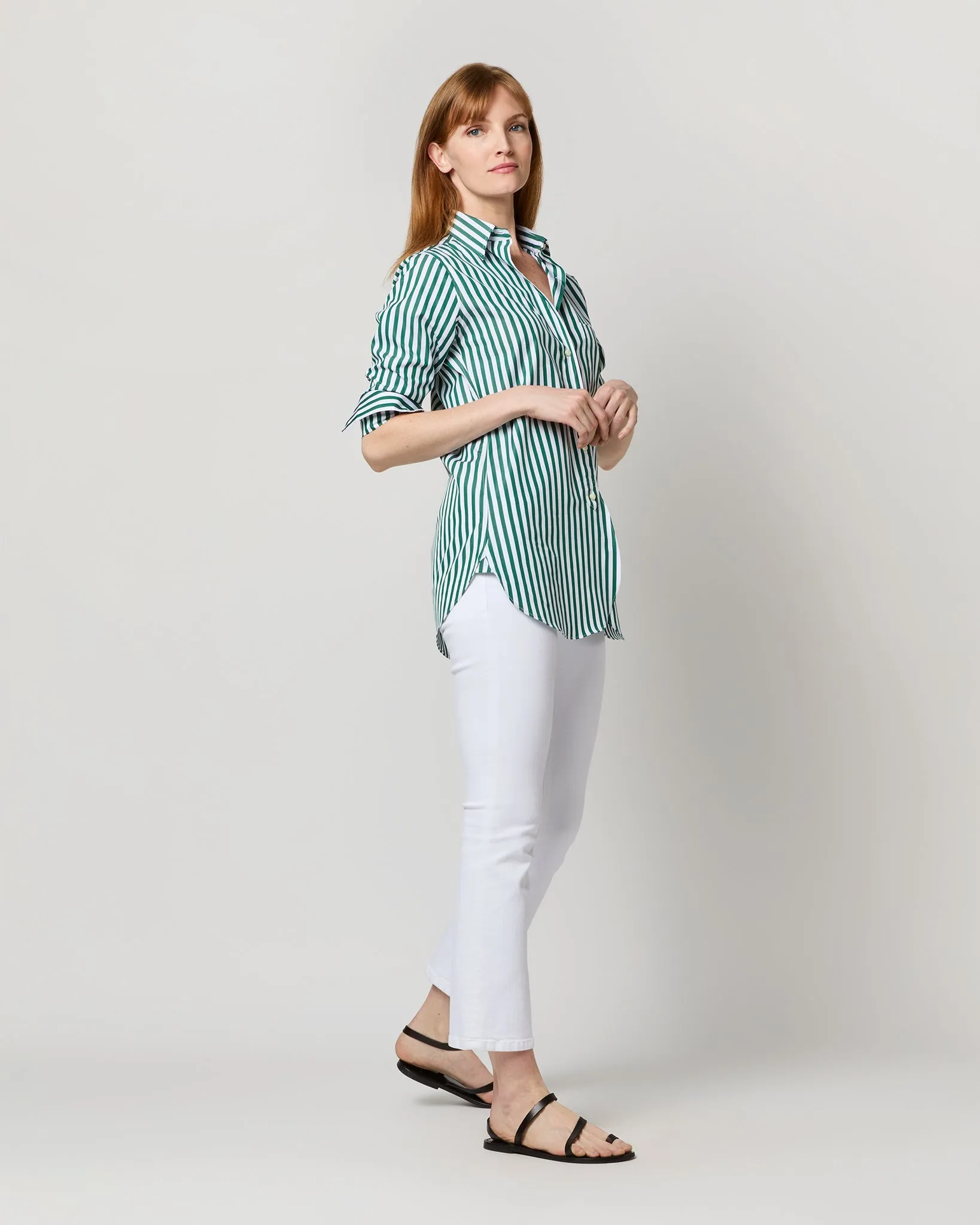 Boyfriend Shirt in Green Awning Stripe Poplin