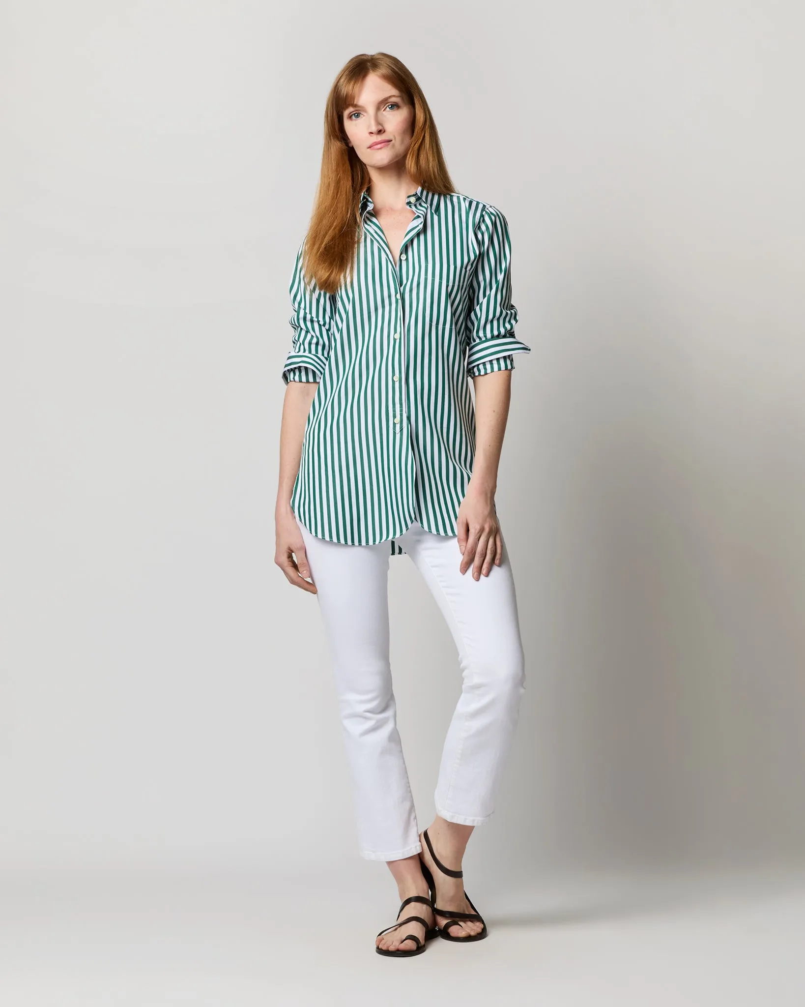 Boyfriend Shirt in Green Awning Stripe Poplin