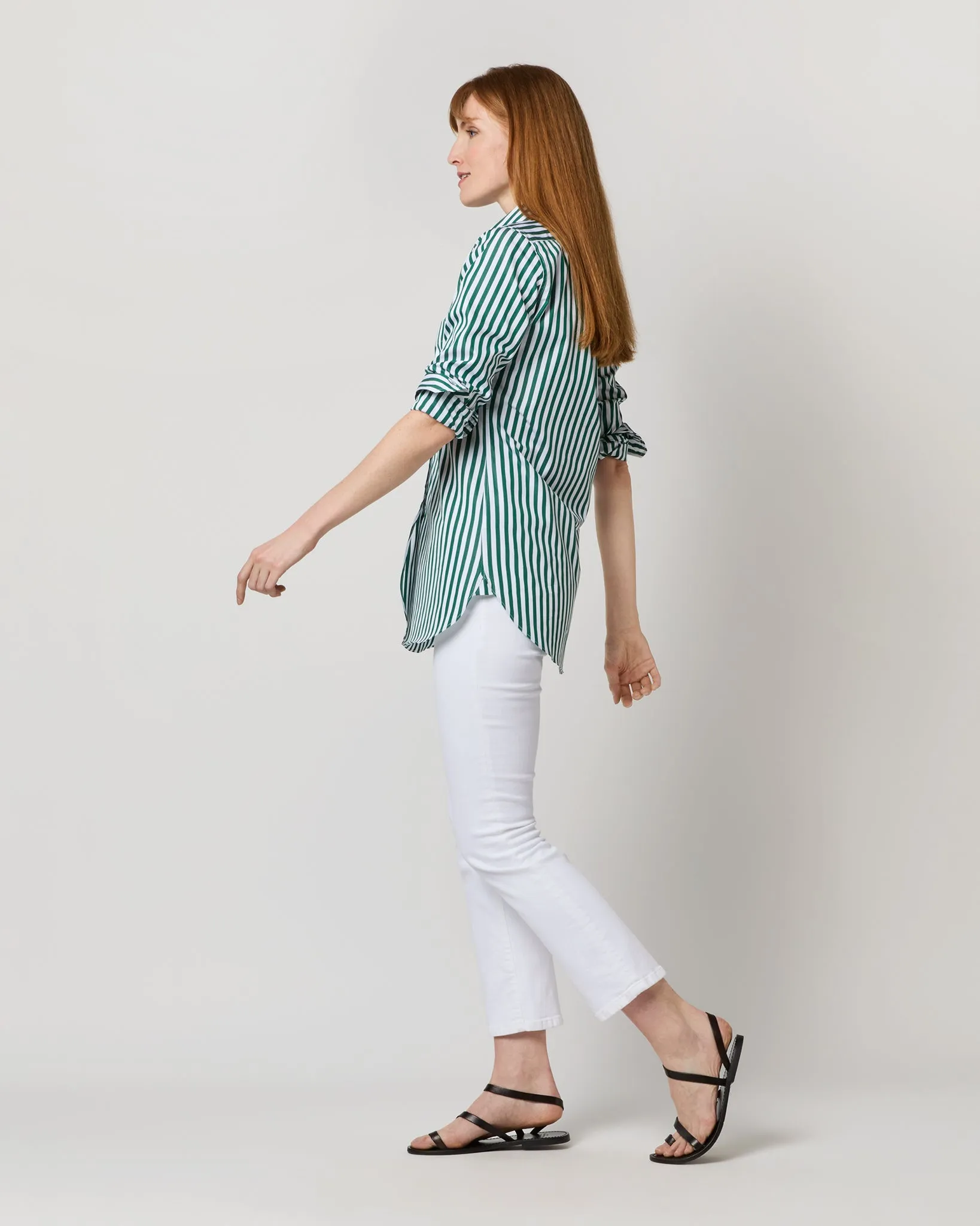 Boyfriend Shirt in Green Awning Stripe Poplin