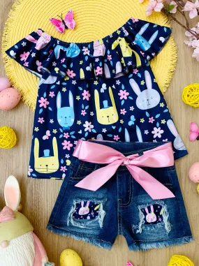 Bunny Blossoms Patched Denim Shorts Set