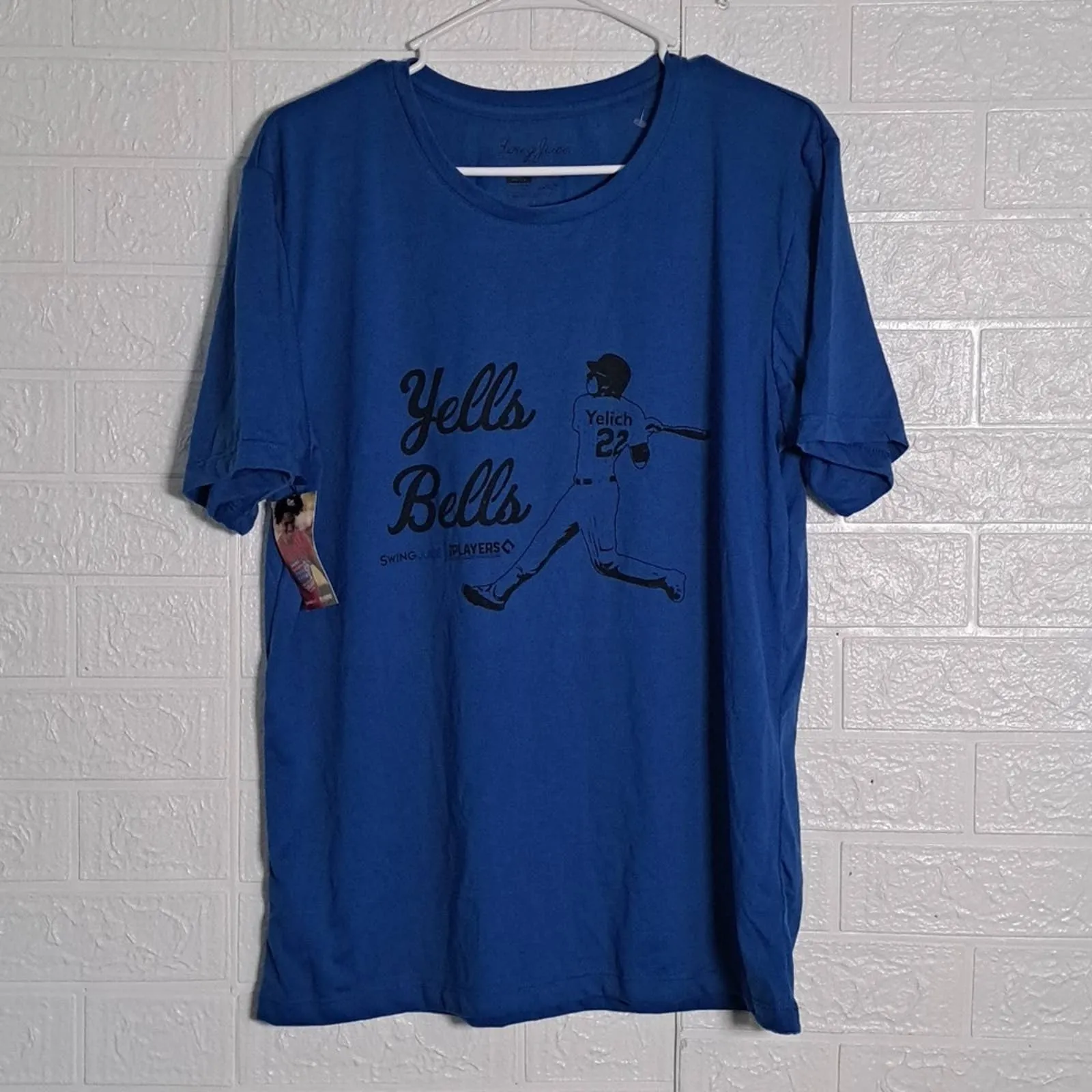 Christian Yelich Yells Bells Swing Juice T-shirt sz L Royal Blue Black