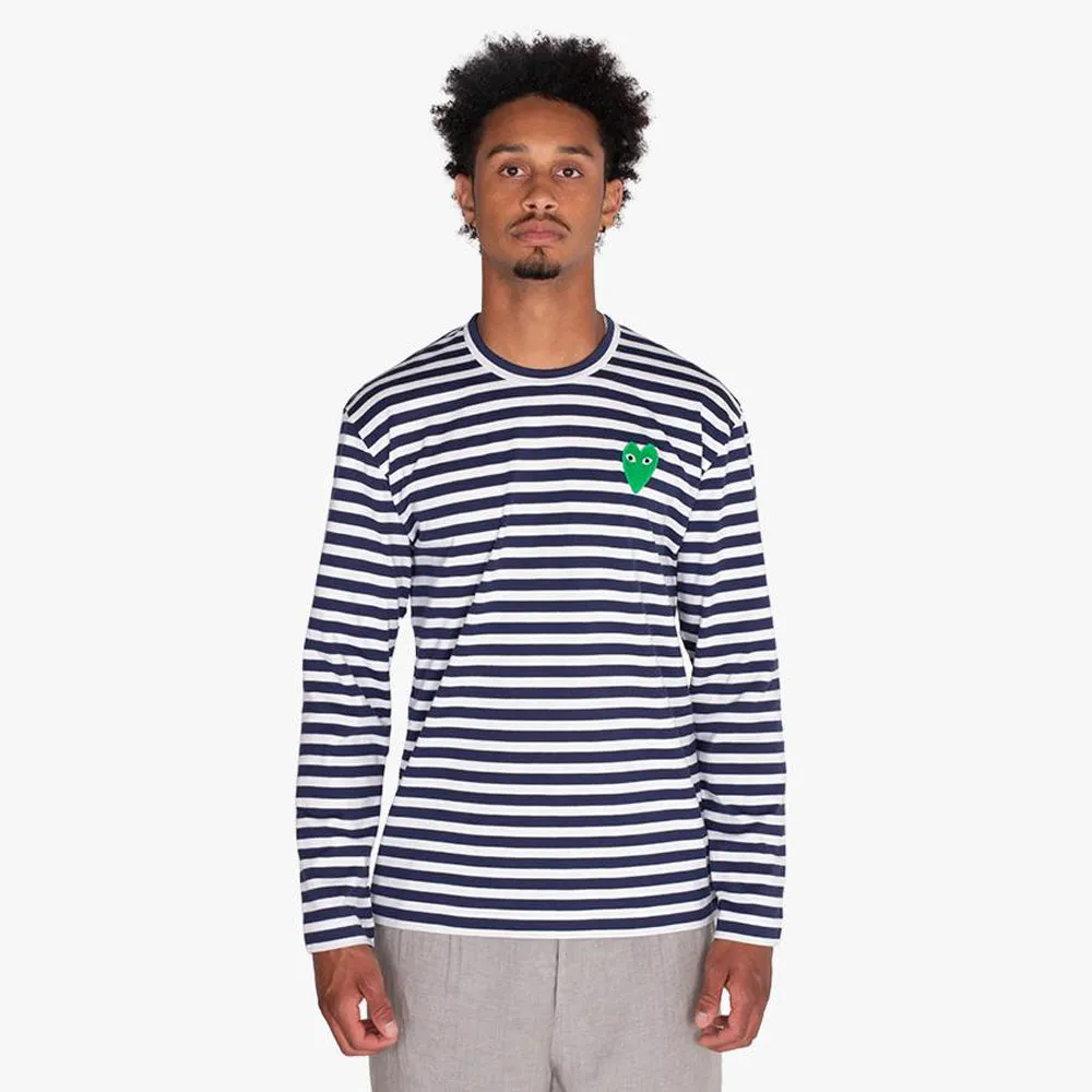 COMME des GARÇONS PLAY Green Heart Striped Long Sleeve T-Shirt Navy / White