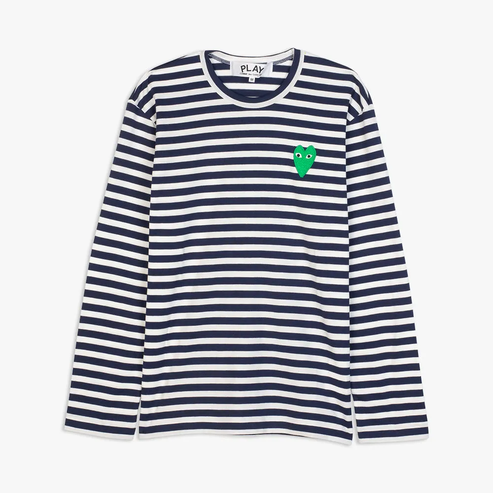 COMME des GARÇONS PLAY Green Heart Striped Long Sleeve T-Shirt Navy / White