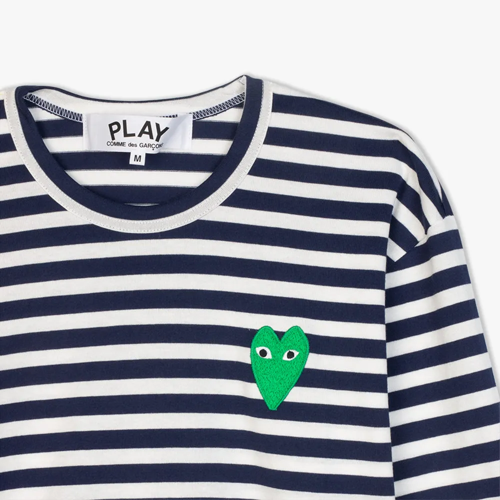 COMME des GARÇONS PLAY Green Heart Striped Long Sleeve T-Shirt Navy / White