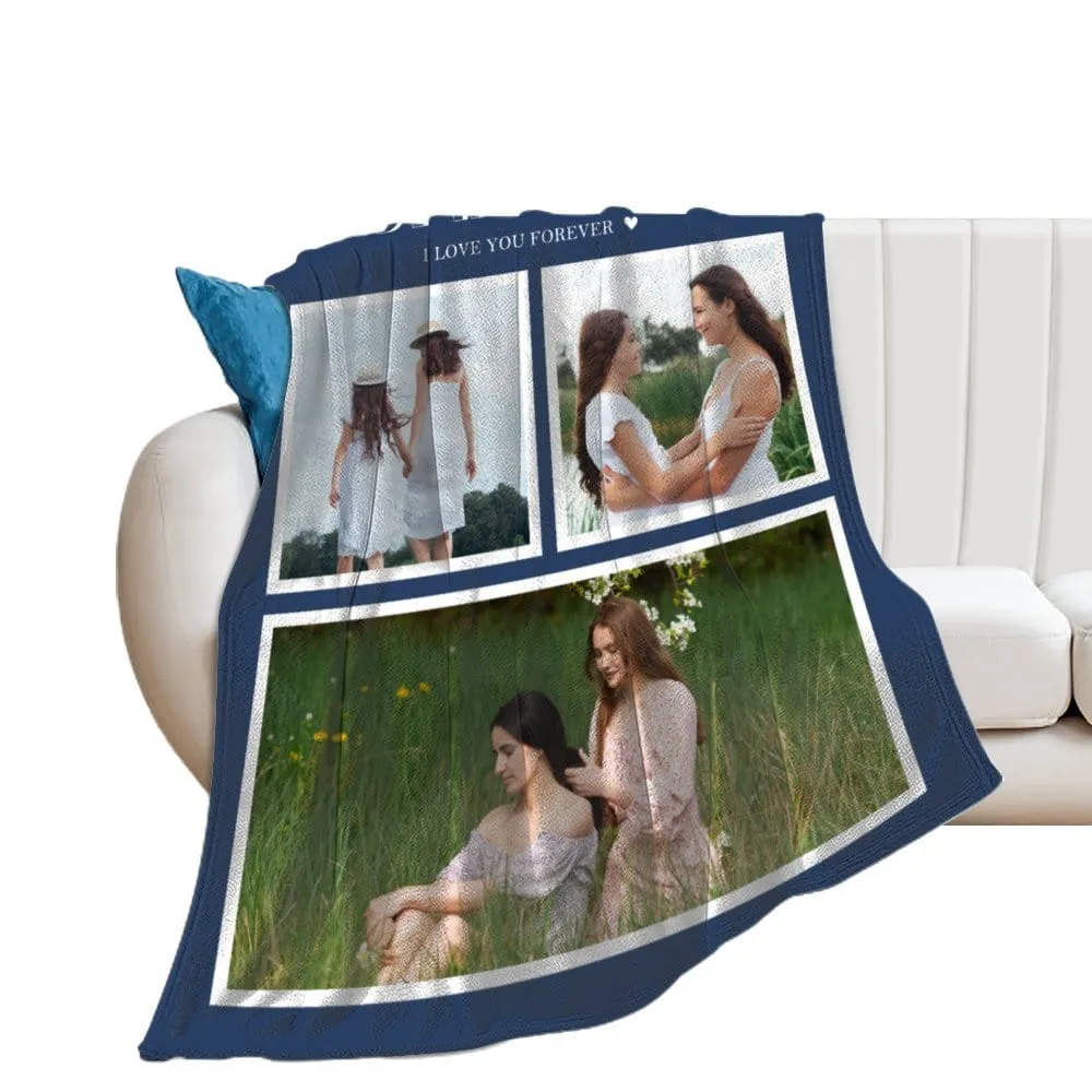 Custom 3 Photos Best Mom Blue Ever Anti-pilling Flannel Blanket Personalized Mother's Day Blanket Gifts For Best Mom And Grandma