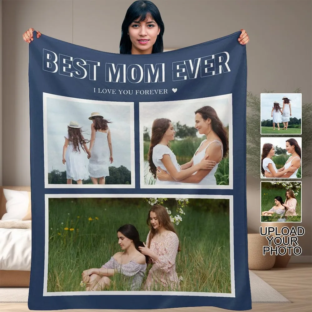 Custom 3 Photos Best Mom Blue Ever Anti-pilling Flannel Blanket Personalized Mother's Day Blanket Gifts For Best Mom And Grandma