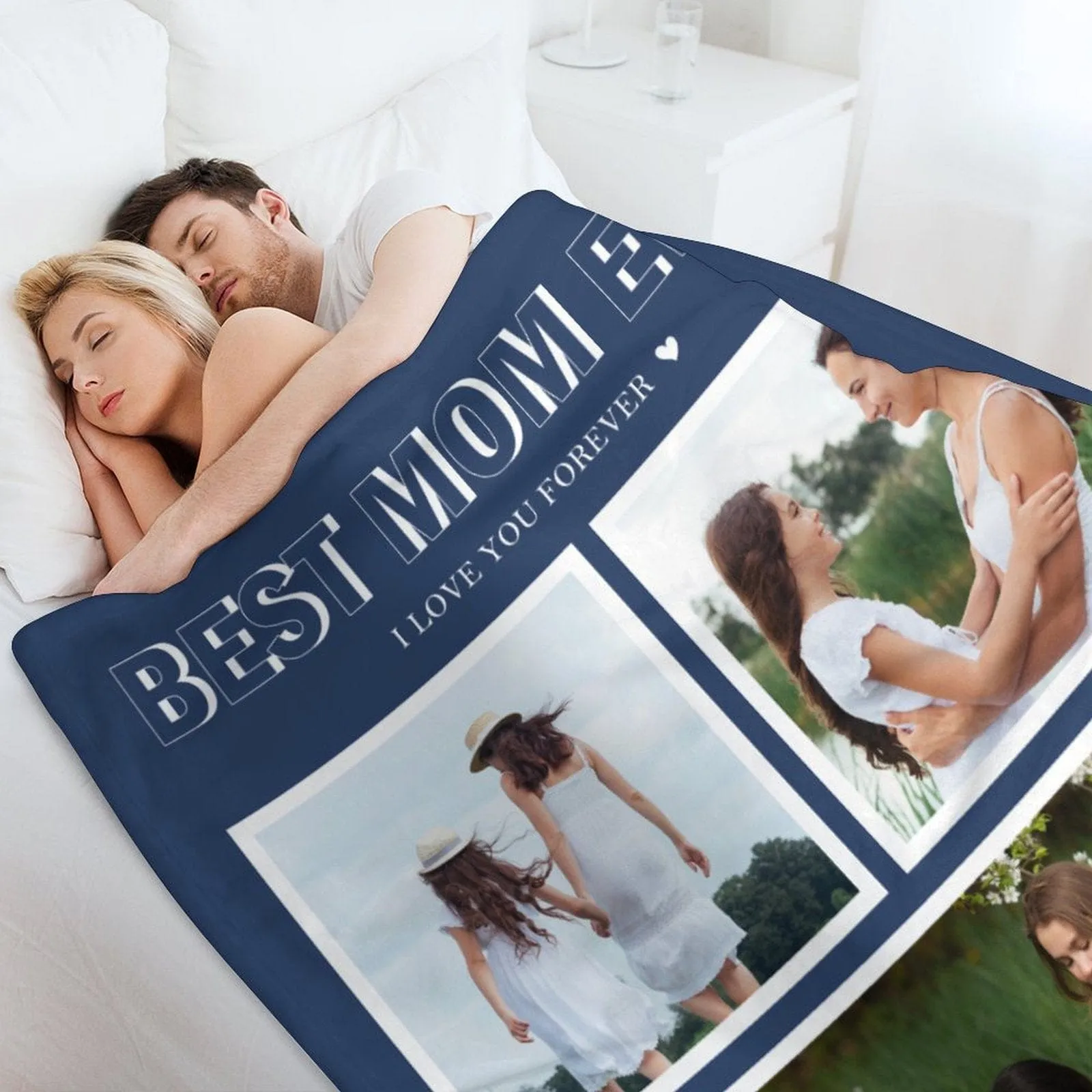 Custom 3 Photos Best Mom Blue Ever Anti-pilling Flannel Blanket Personalized Mother's Day Blanket Gifts For Best Mom And Grandma