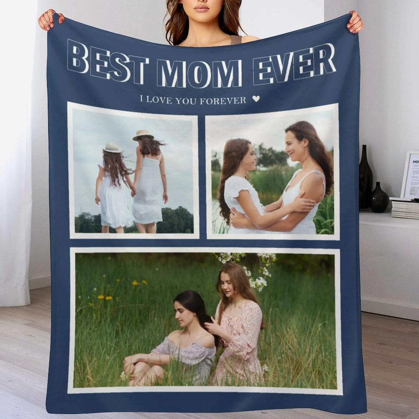 Custom 3 Photos Best Mom Blue Ever Anti-pilling Flannel Blanket Personalized Mother's Day Blanket Gifts For Best Mom And Grandma