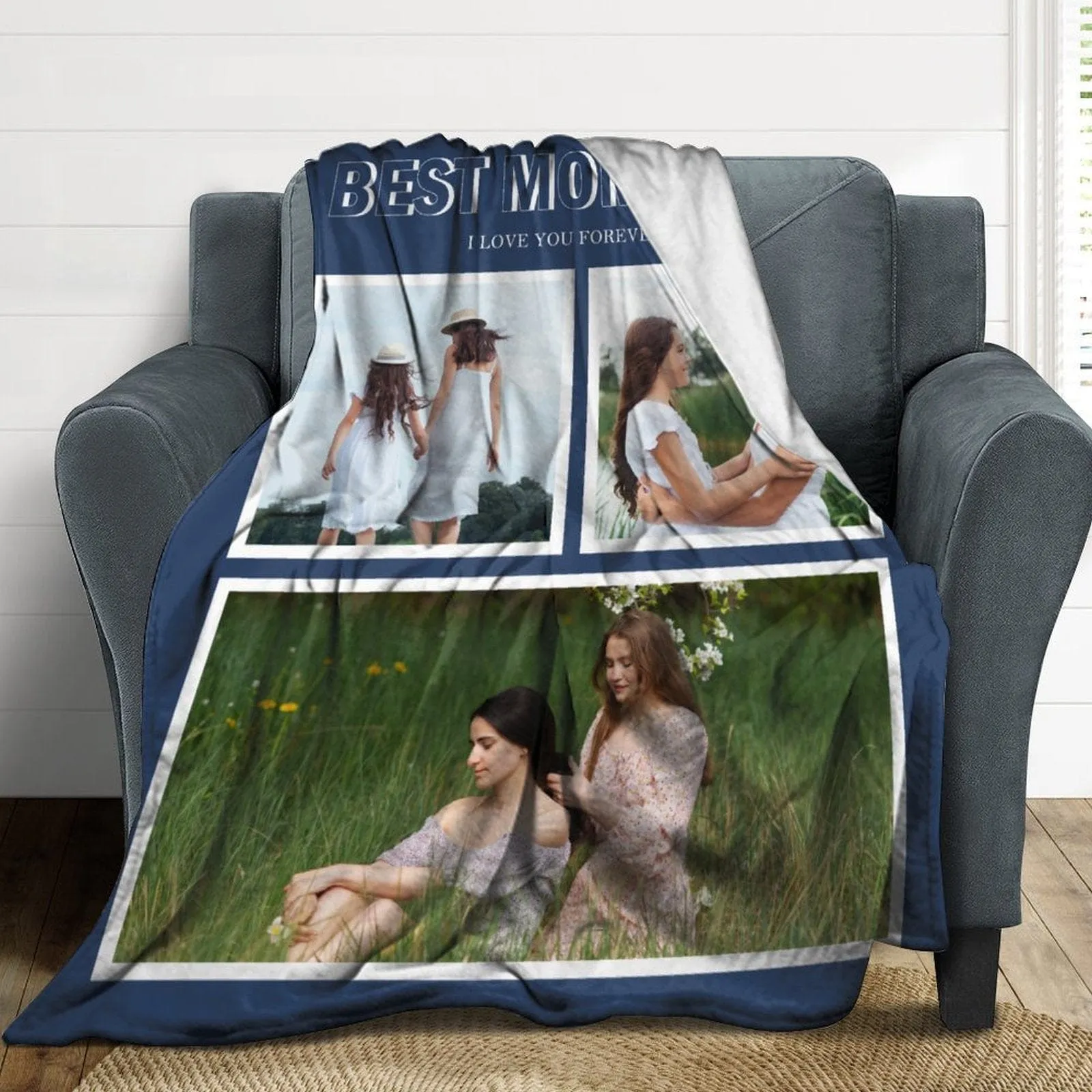 Custom 3 Photos Best Mom Blue Ever Anti-pilling Flannel Blanket Personalized Mother's Day Blanket Gifts For Best Mom And Grandma