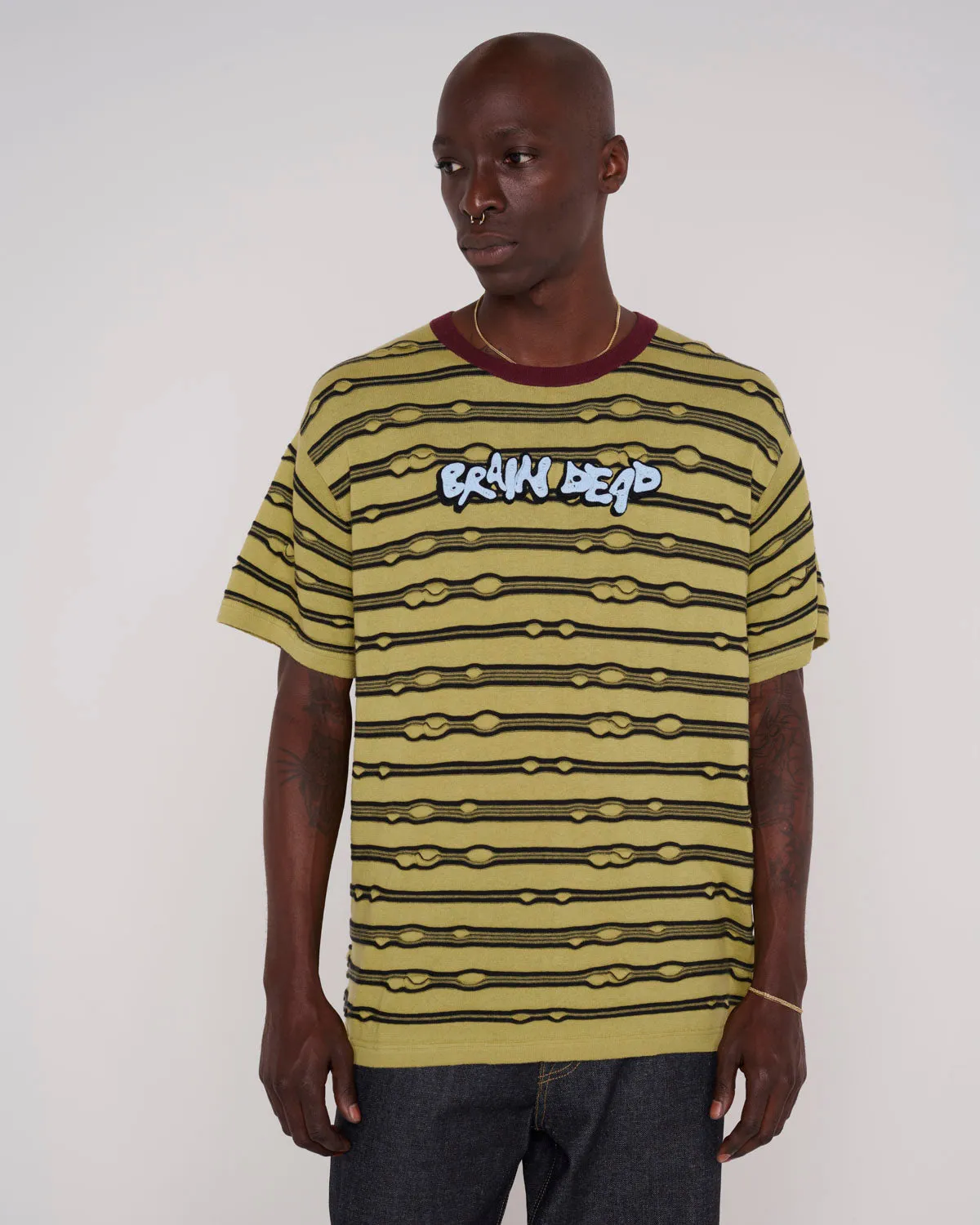 Embroidered Puckered Striped T-shirt - Lime