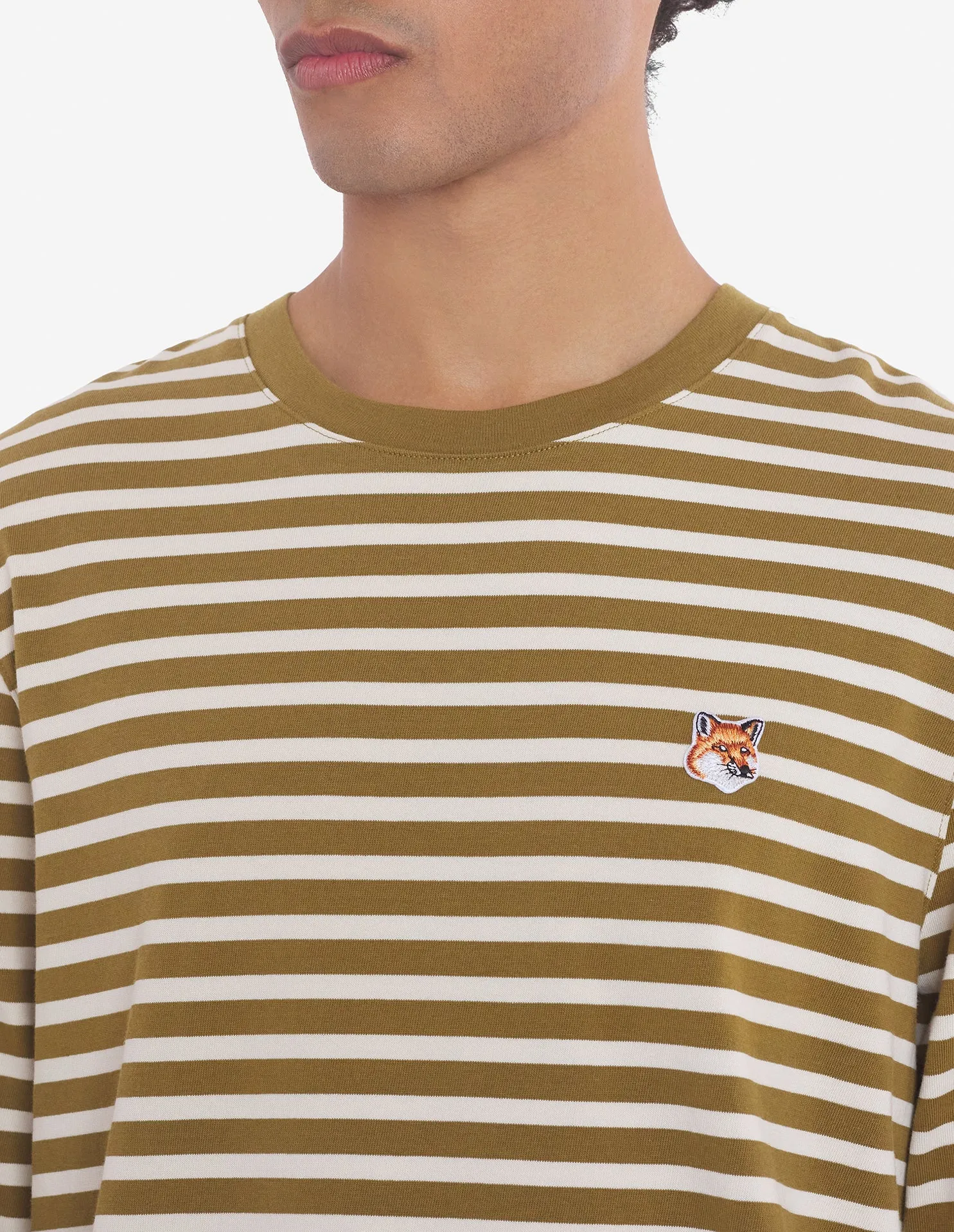 Fox Head Patch Regular Marin Tee Shirt Khaki Green Stripes