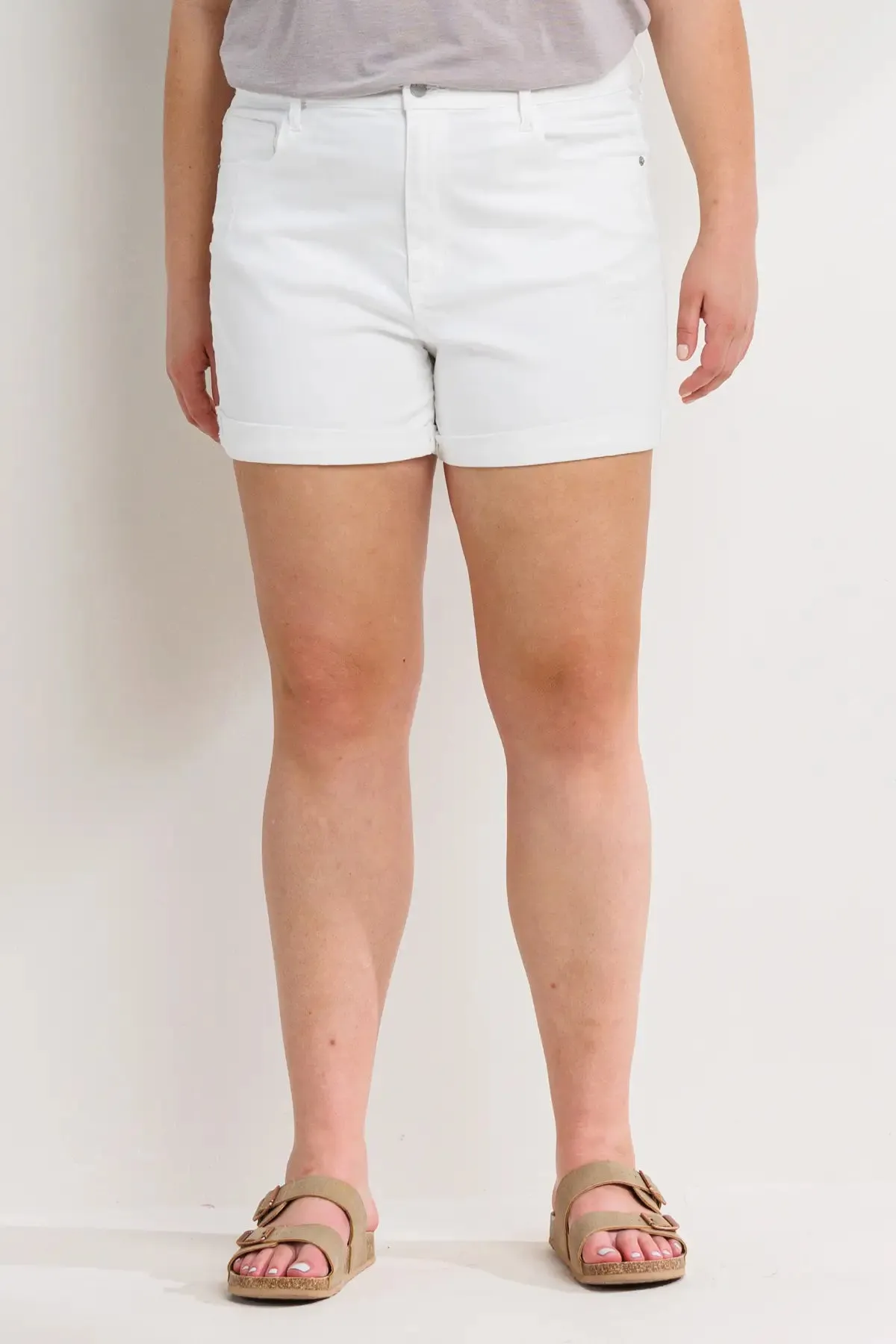 HIGH RISE WHITE DENIM PLUS DISTRESSED SHORTS WITH ROLLED CUFF