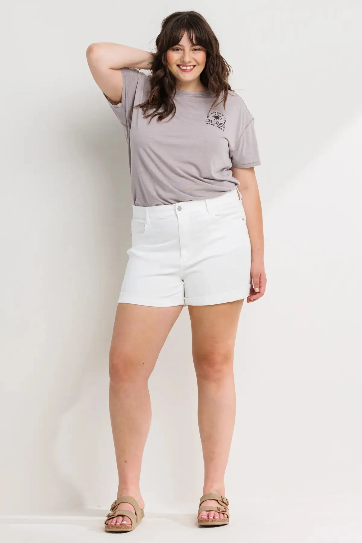 HIGH RISE WHITE DENIM PLUS DISTRESSED SHORTS WITH ROLLED CUFF