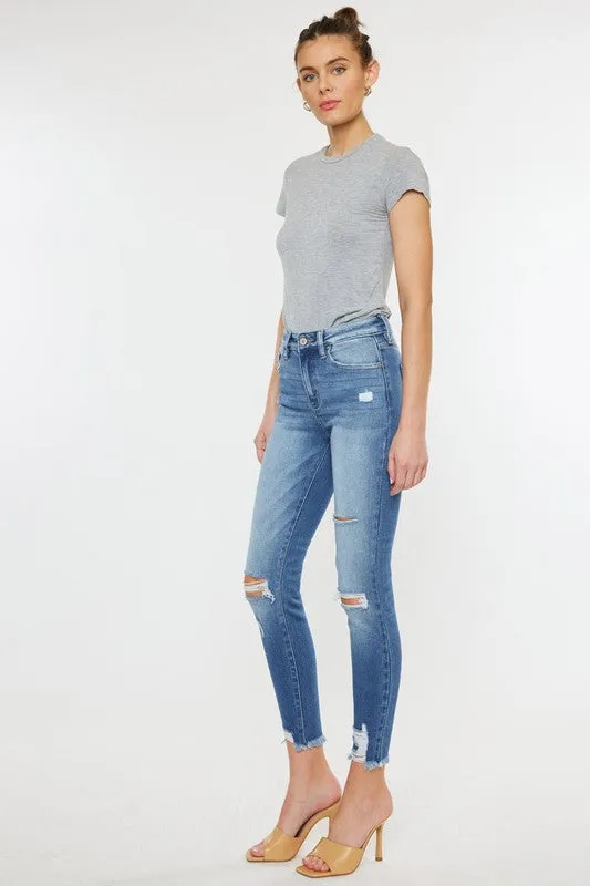 Kan Can High Rise Fray Hem Ankle Skinny Jeans