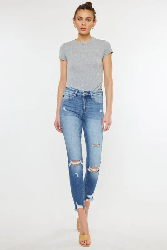 Kan Can High Rise Fray Hem Ankle Skinny Jeans