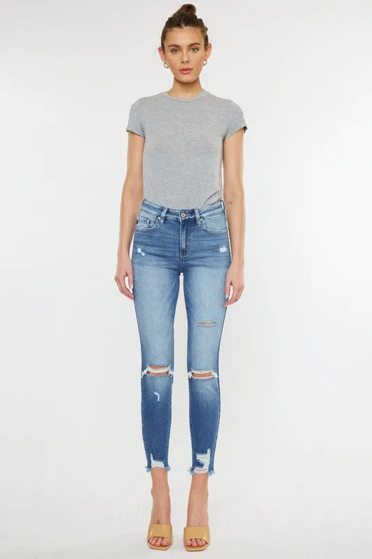 Kan Can High Rise Fray Hem Ankle Skinny Jeans