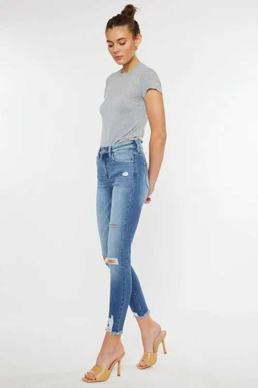 Kan Can High Rise Fray Hem Ankle Skinny Jeans