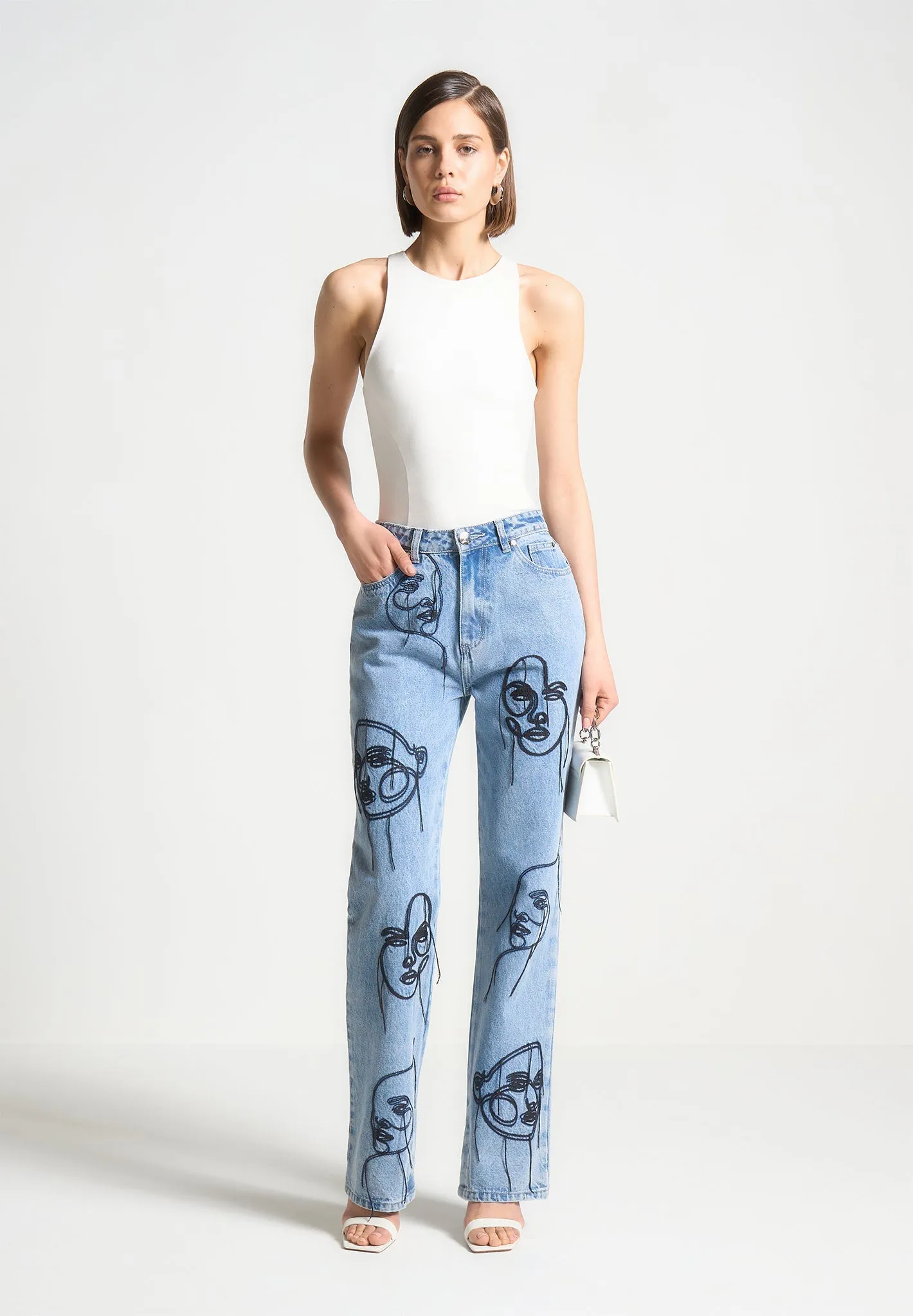 Line Art Boyfriend Jeans - Mid Blue