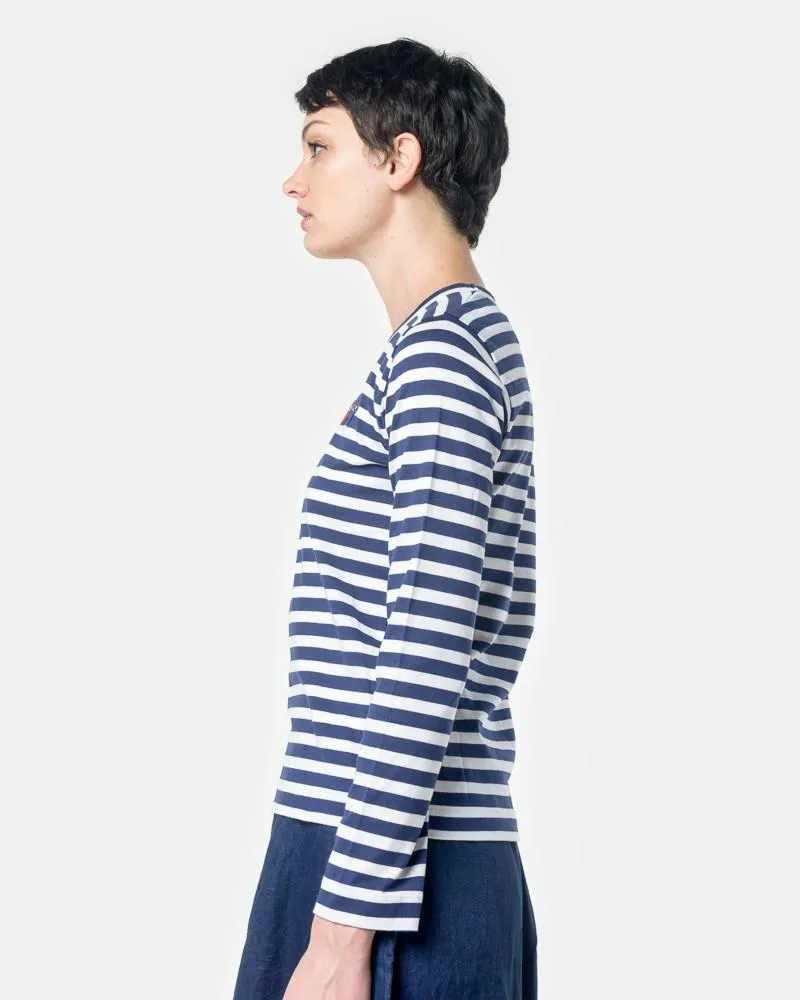 Long Sleeved Striped T-Shirt with Red Heart in Navy/White