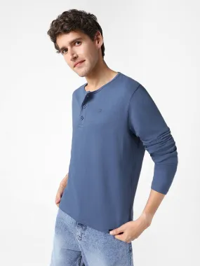 Men's Indigo Blue Solid Henley Neck Slim Fit Full Sleeve Cotton T-Shirt