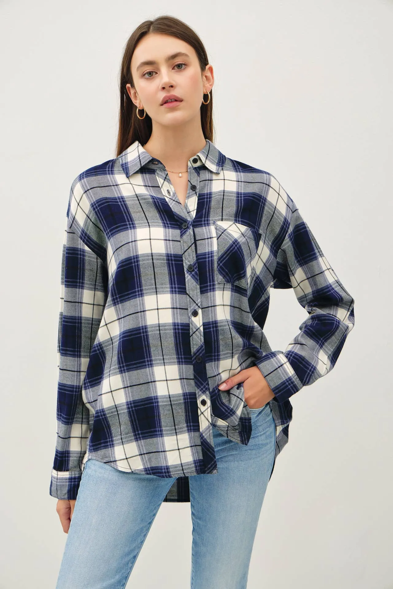 NAVY PLAID FLANNEL LONG SLEEVE BUTTON DOWN SHIRT