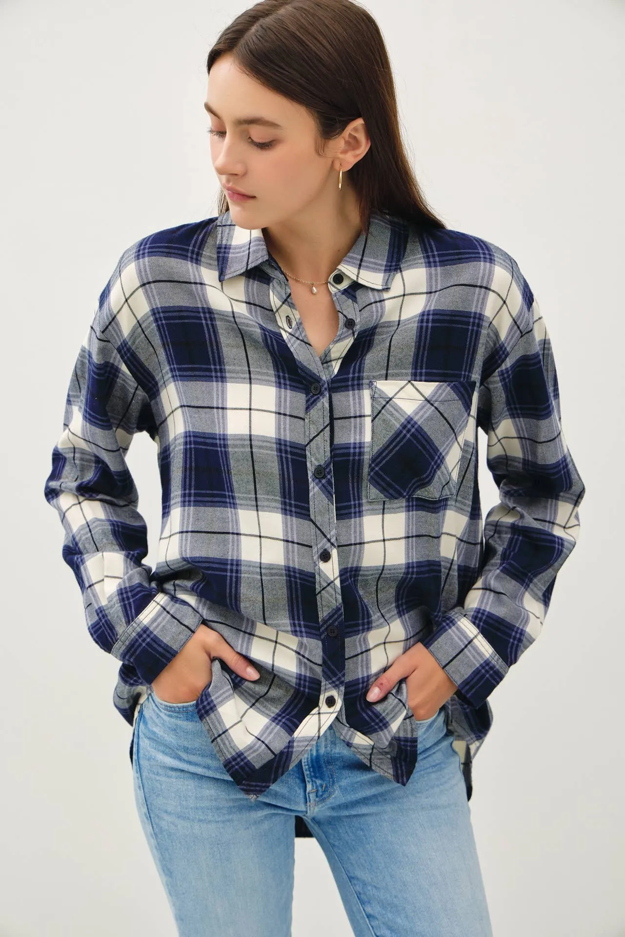 NAVY PLAID FLANNEL LONG SLEEVE BUTTON DOWN SHIRT