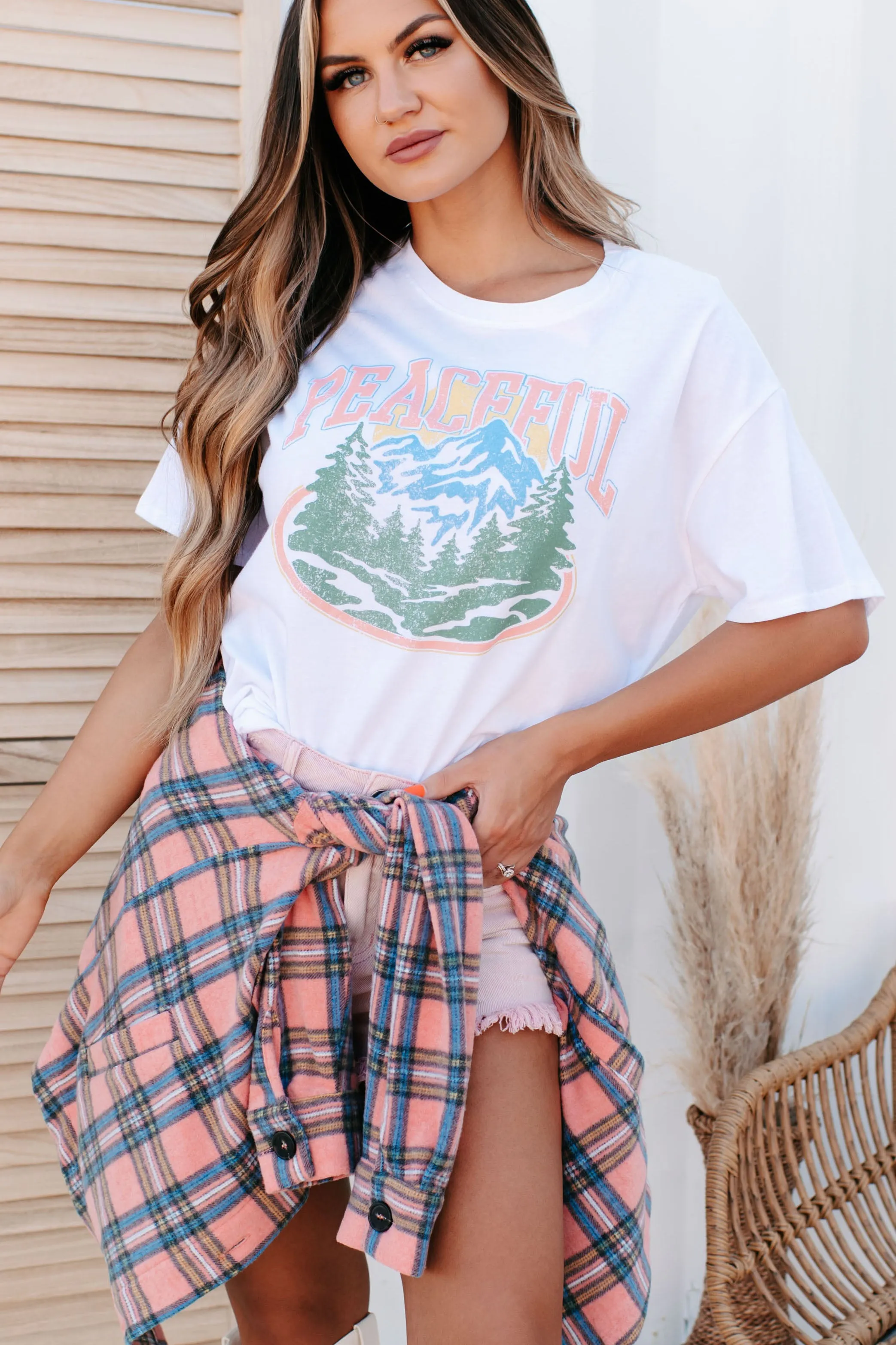 "Peaceful" Mountain Graphic Top (White)