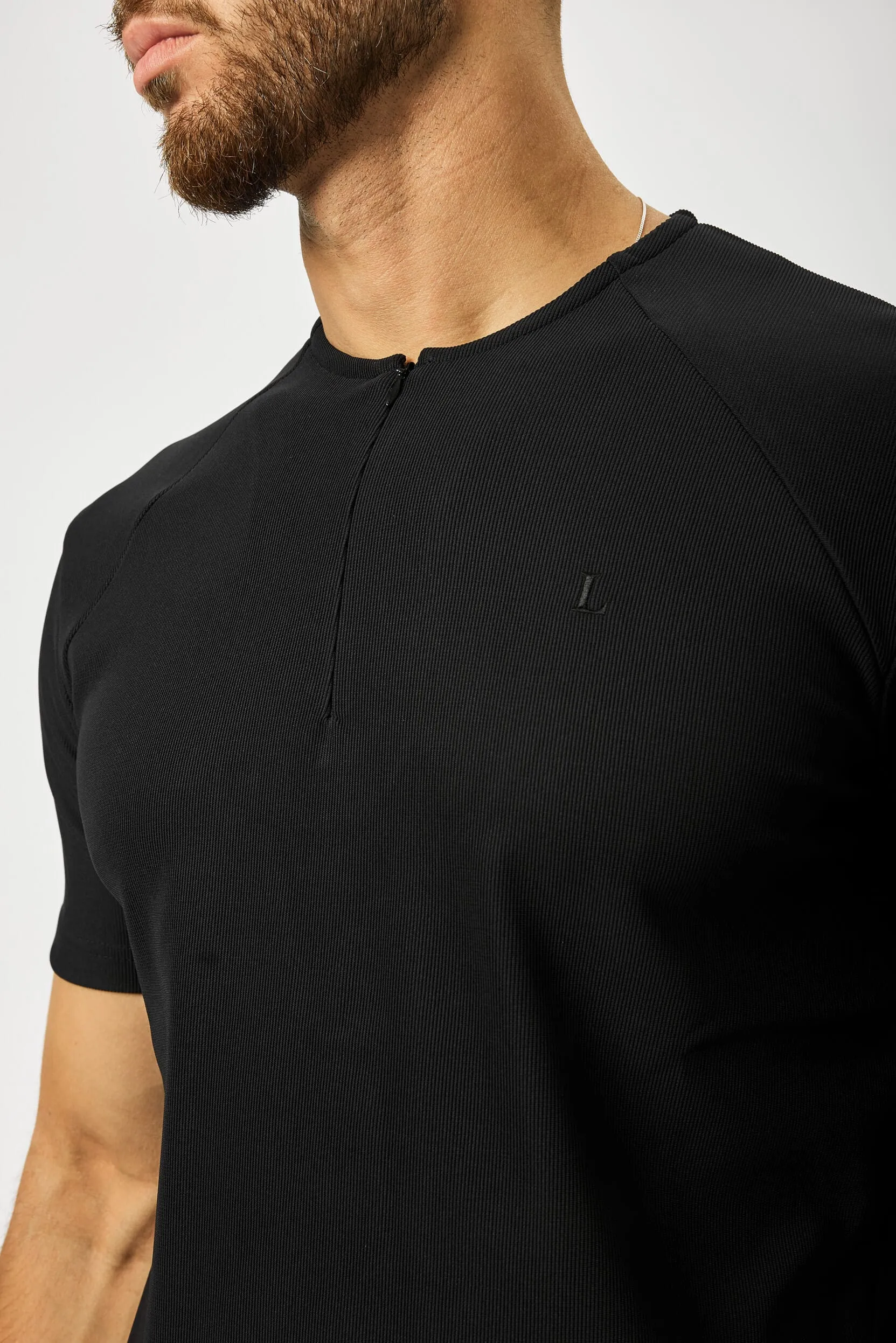 RIBBED HENLEY TOP - BLACK