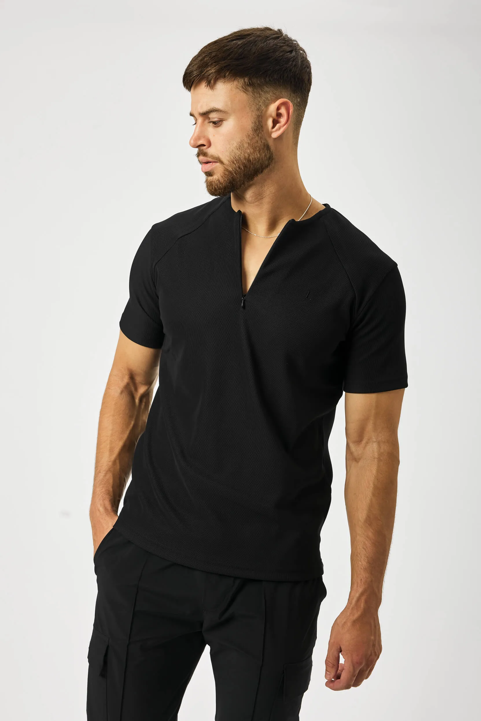 RIBBED HENLEY TOP - BLACK