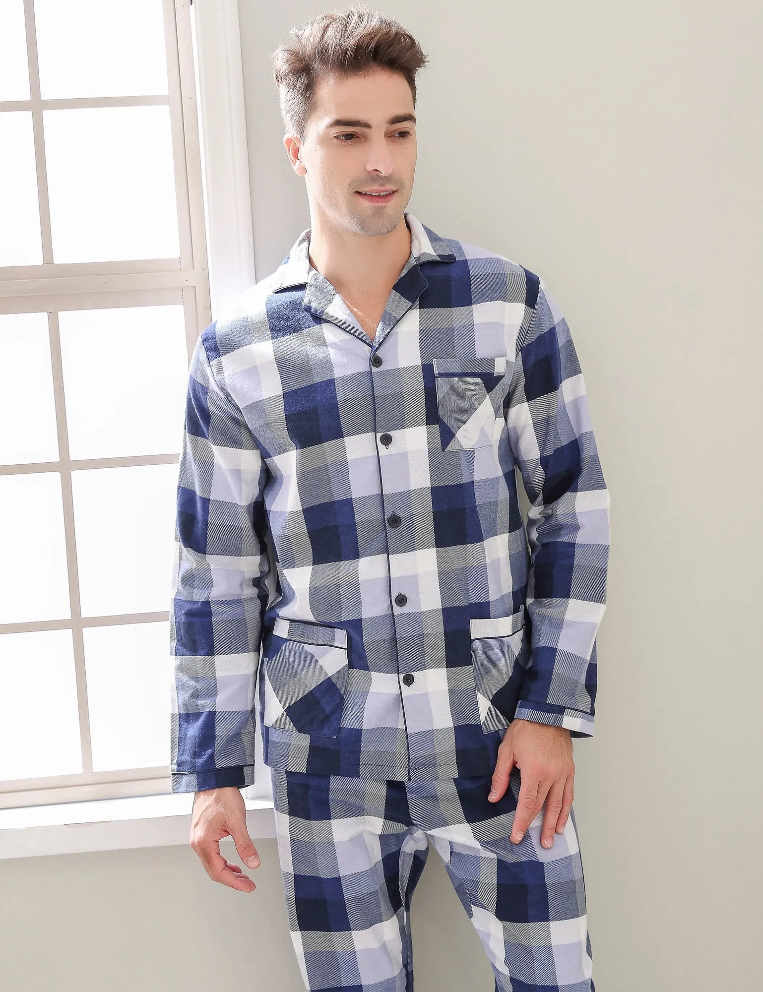 Richie House Men’s Cotton Long Sleeve Pocket Two Piece Long Lightweight Plaid Pyjama Set Sleepwear-Loungewear Sleepwear for Men S-XXL RHM2850