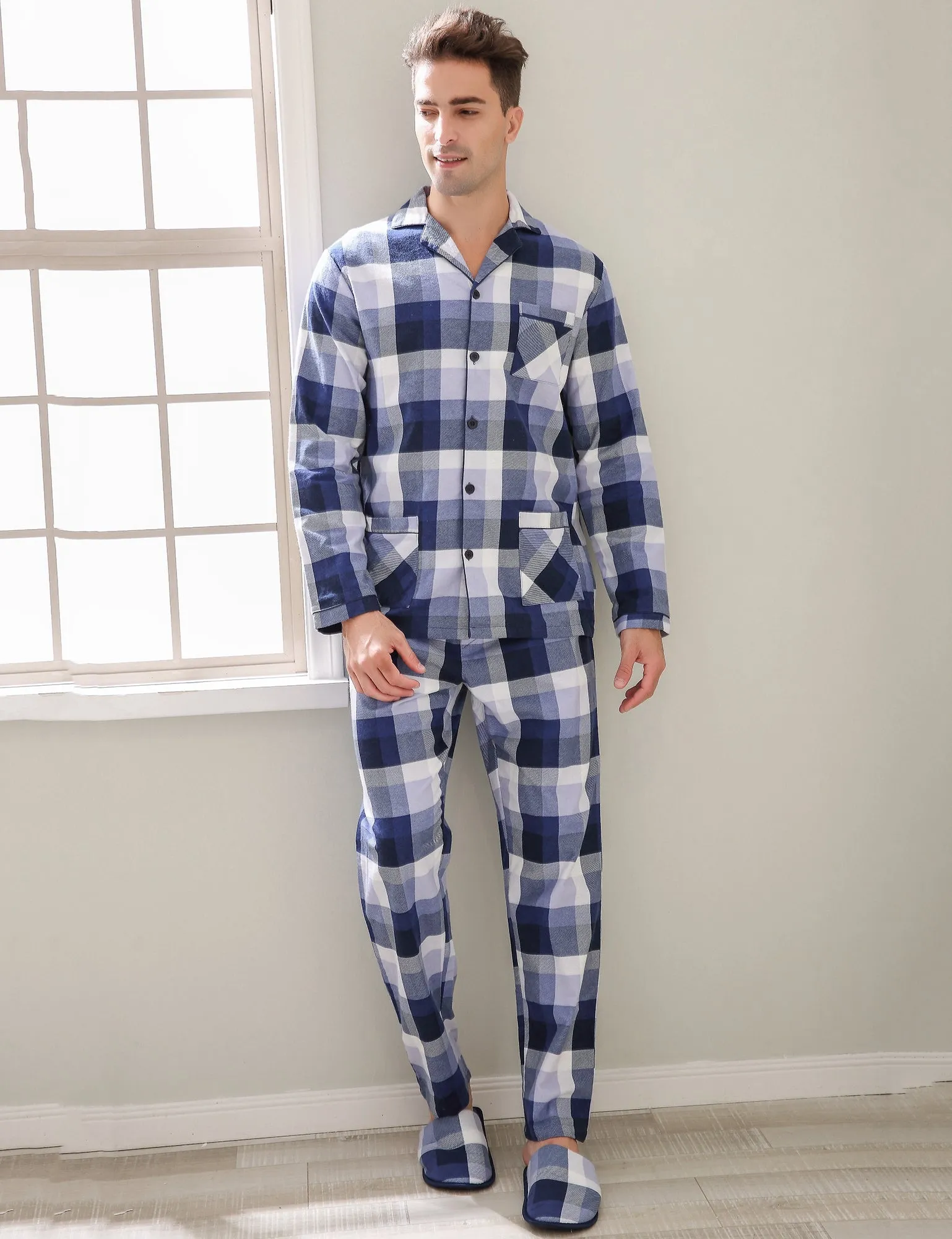 Richie House Men’s Cotton Long Sleeve Pocket Two Piece Long Lightweight Plaid Pyjama Set Sleepwear-Loungewear Sleepwear for Men S-XXL RHM2850