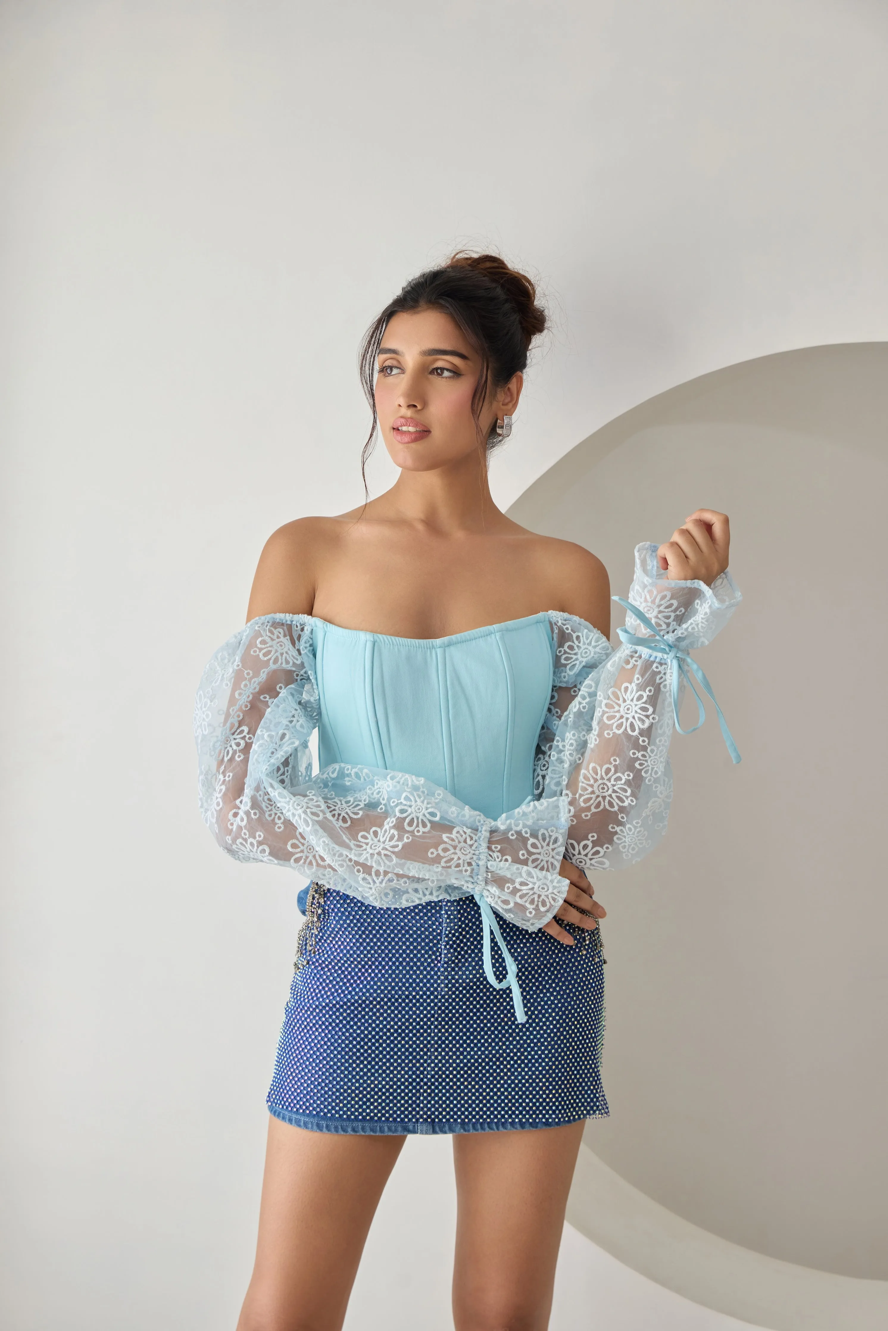 Sasha Baby Blue Embroidered Organza Sleeve Corset Top