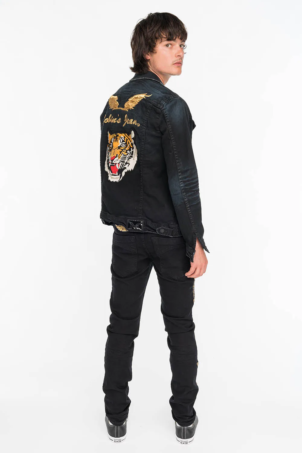 SKINNY MENS JEANS IN PURE BLACK WITH GOLD EMBROIDERY