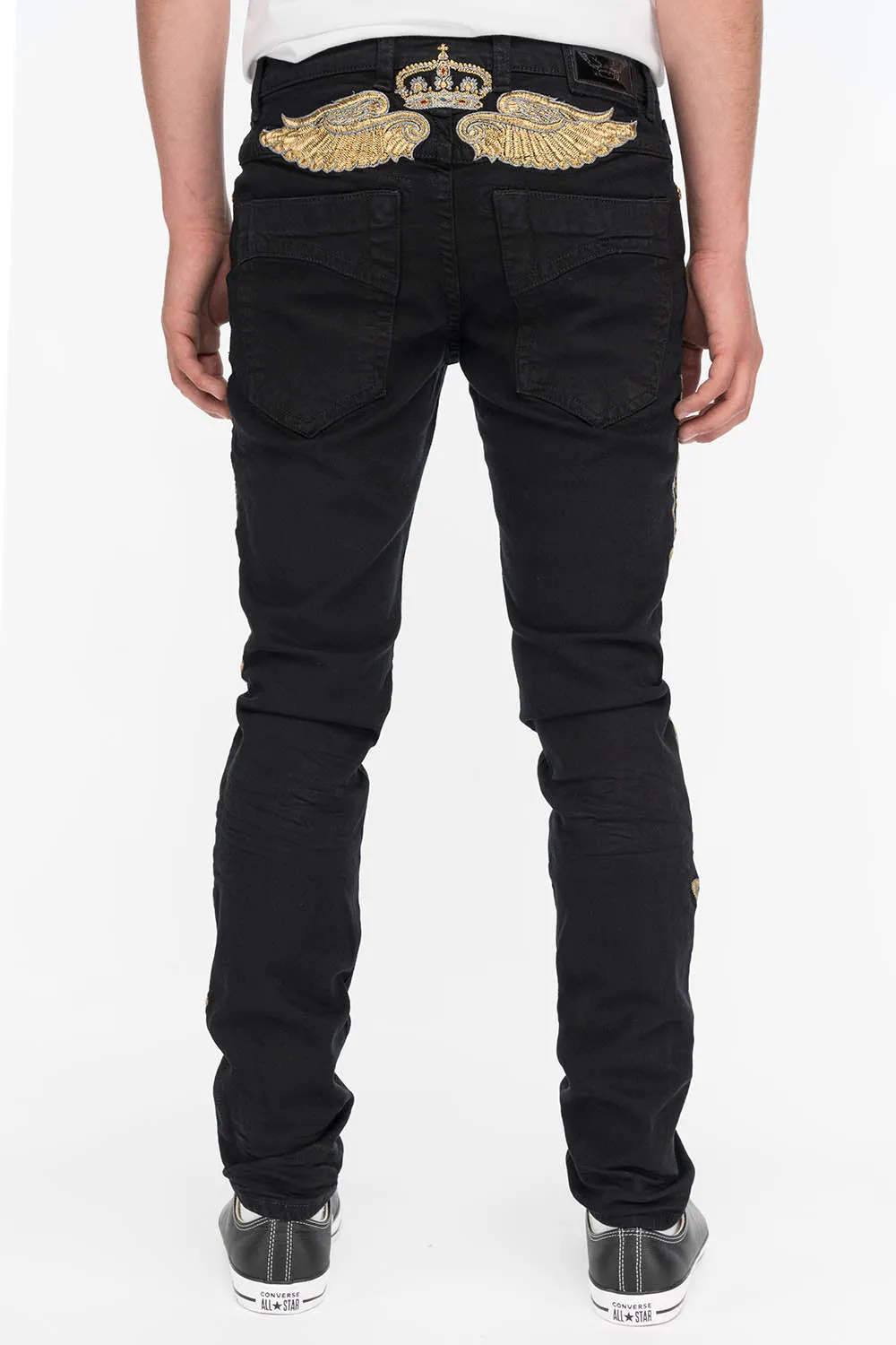 SKINNY MENS JEANS IN PURE BLACK WITH GOLD EMBROIDERY