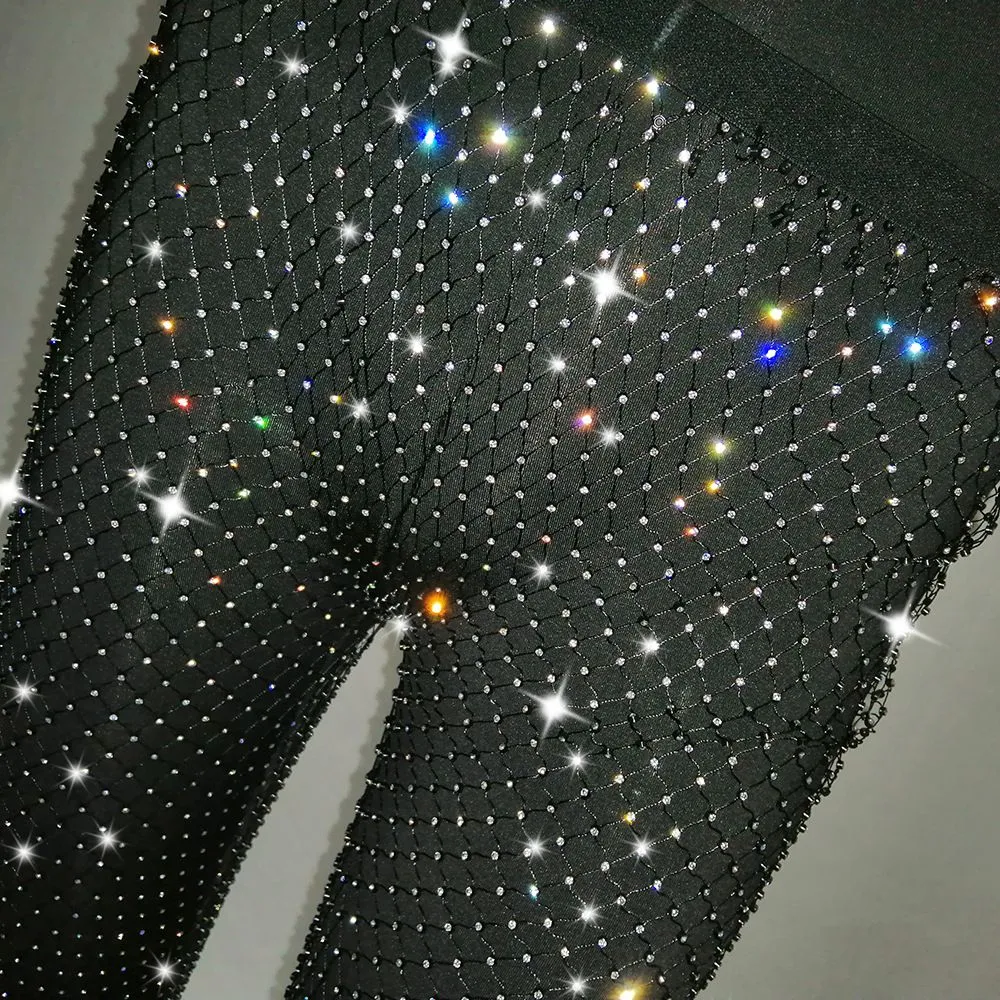 Sparkly Rhinestone Diamond Embellished Mesh Pants Net Leggings