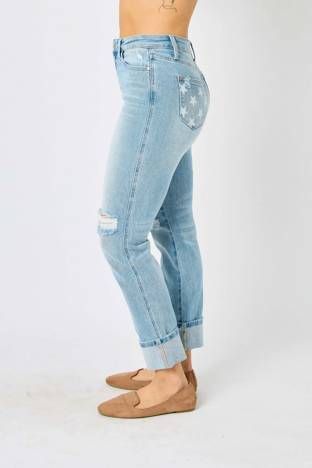 Star Mid Rise Americana Flag Cuff Boyfriend Jeans - PLUS