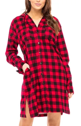 Women's Classic Winter Sleep Shirt with Pockets, Cotton Flannel Hooded Pajamas Top